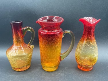 Hand Blown Amberina Crackle Glass Pitchers