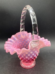 Fenton Opalescent Cranberry Hobnail Basket