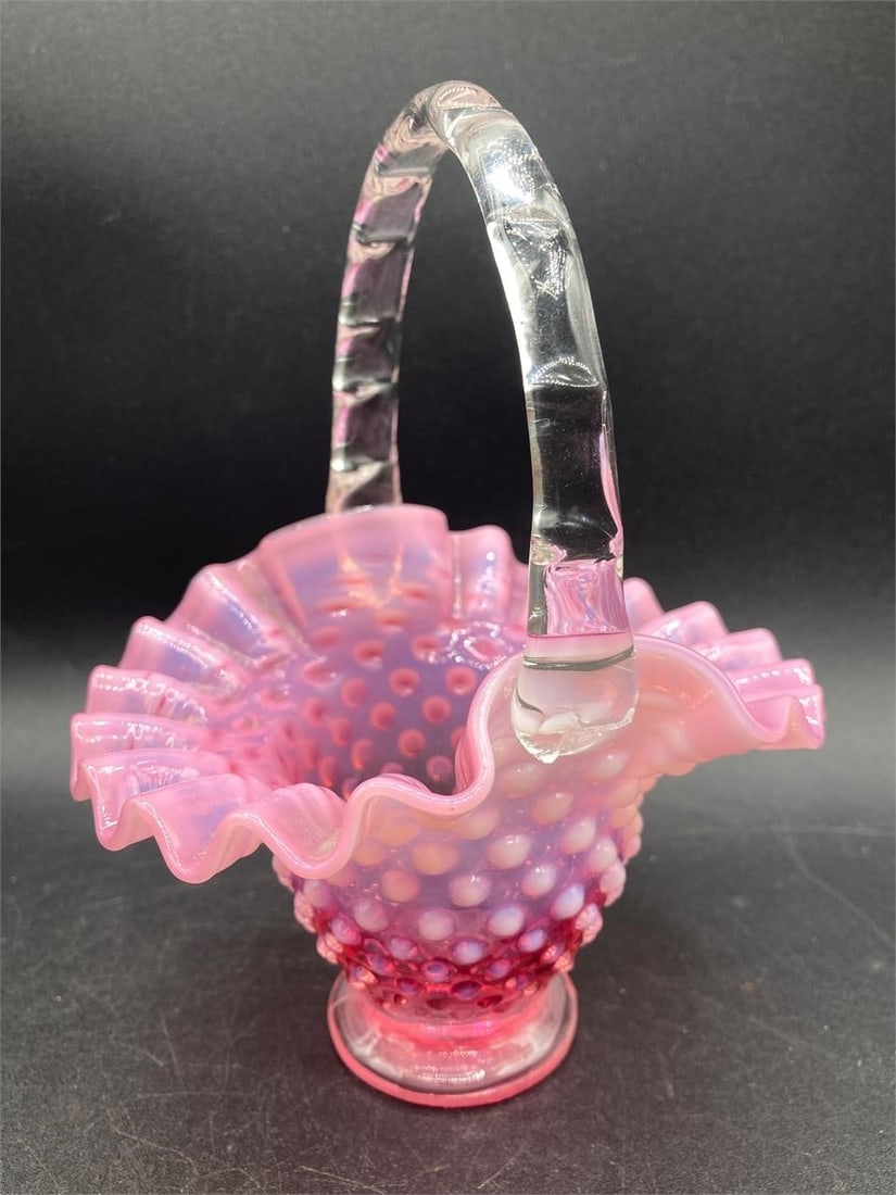 Fenton Opalescent Cranberry Hobnail Basket (1 of 8)