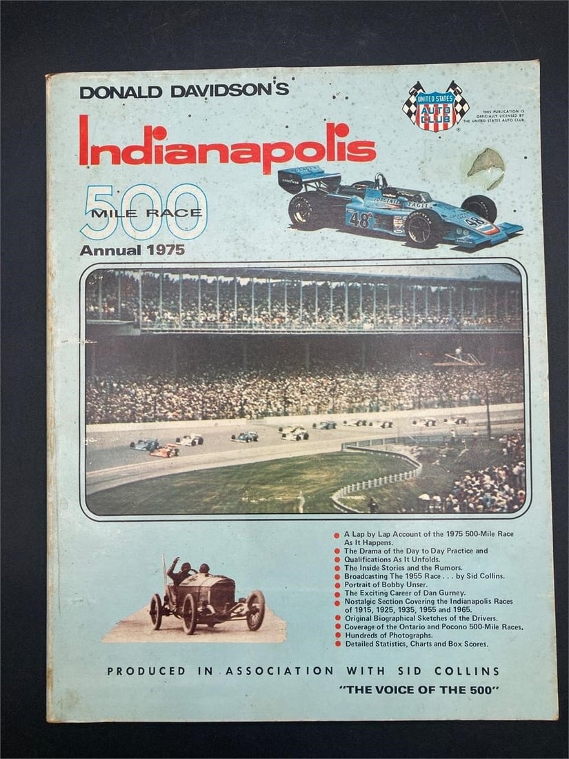 USAC 1975 Indianapolis 500 Catalog: Vintage Donald Davidson 1975 Indianapolis 500 yearbook. Features information on the events leading to the race and a full detailing of the 1975 race with photos. Front cover has some wear as noted in 