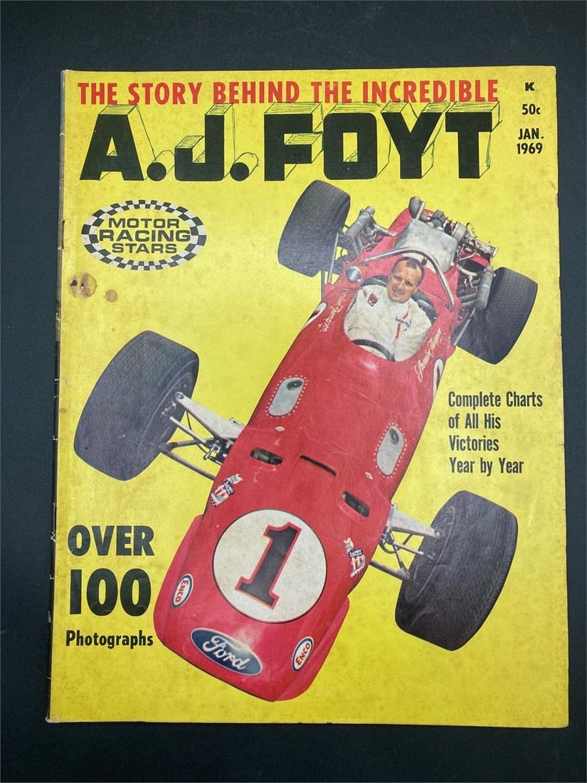 1969 Story Behind The Incredible A.J. Foyt Book: Vintage January 1969 "The story behind the incredible AJ Foyt" comic. Covers A.J. Foyt's history as a driver and his accomplishments with a large selection of printed photos. Ungraded. Some small stai