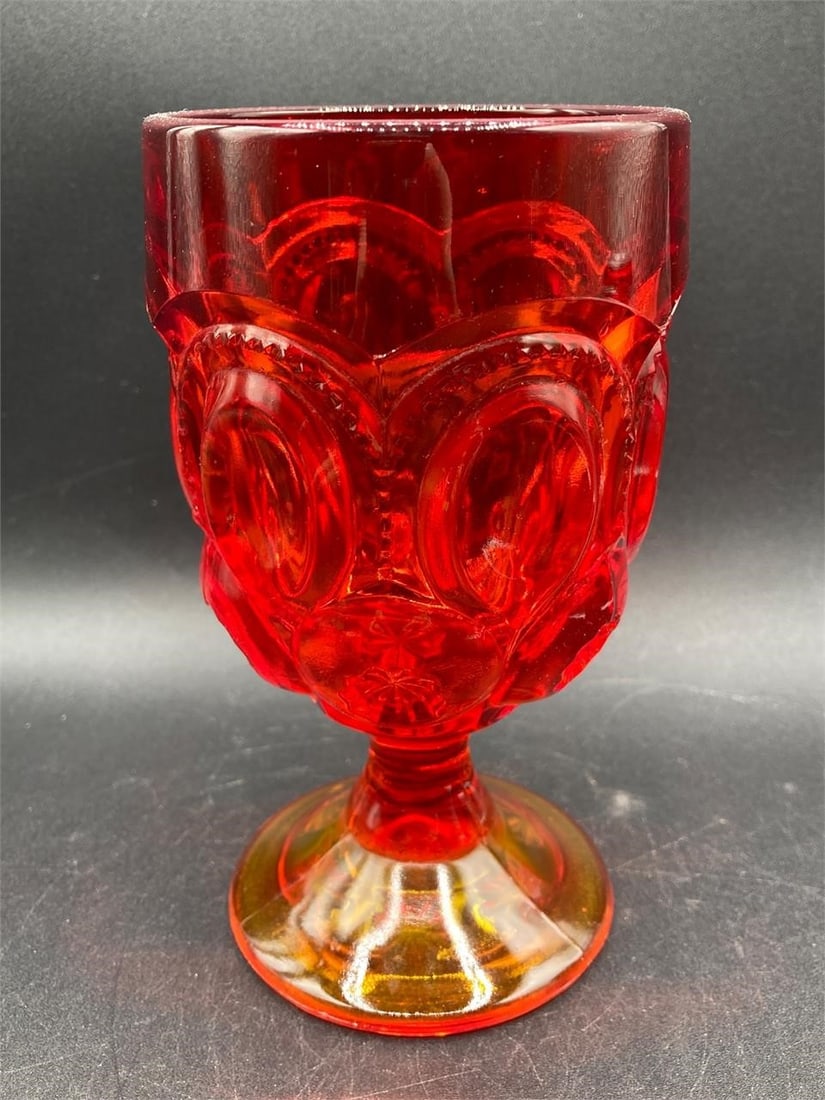 L.E. Smith Amberina moon & stars goblet. Features starburst patterns with rich red to yellow color (1 of 6)