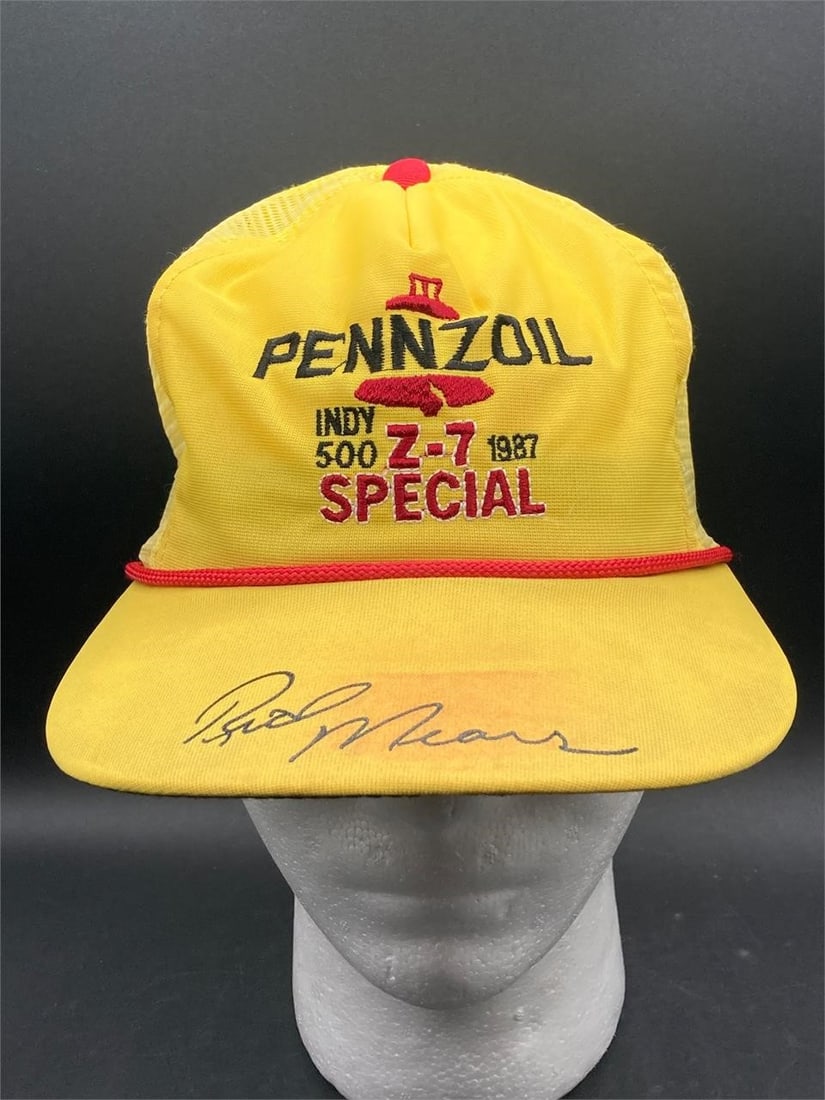Vintage Pennzoil Brad Mears 1987 Indy 500 racing hat. Yellow color with red bill rope. One size fits (1 of 6)