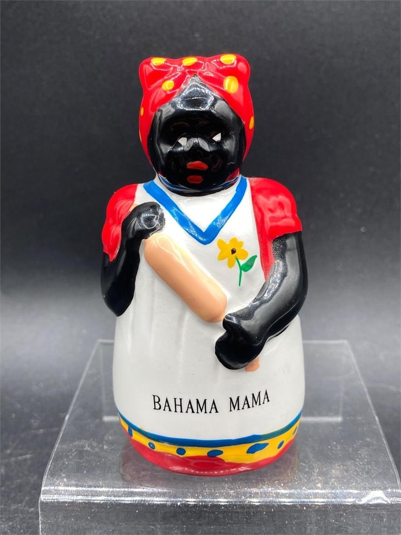 Vintage black Americana "bahama mama" porcelain toothpick holder. Circa 1950s. Hand painted: Vintage black Americana "bahama mama" porcelain toothpick holder. Circa 1950s. Hand painted porcelain with hole on back for toothpicks. Measures 3.5" tall. Excellent condition.Measurements: 2" W, 2" L