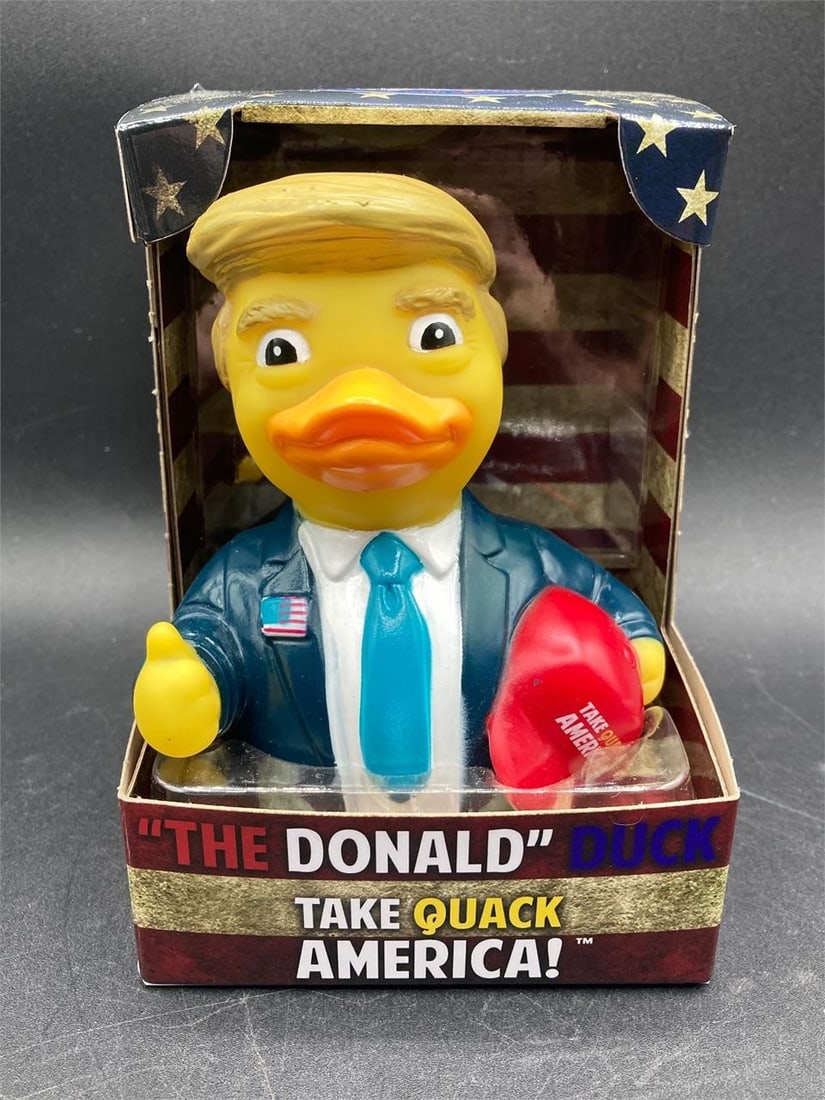CelebriDucks Donald Trump Rubber Duck: CelebriDucks Donald Trump rubber duck figure, new in box. Features painted rubber duck in likeness of Trump with "Take quack America" hat. Figure measures 5" tall. Excellent condition.Measurements: 4"