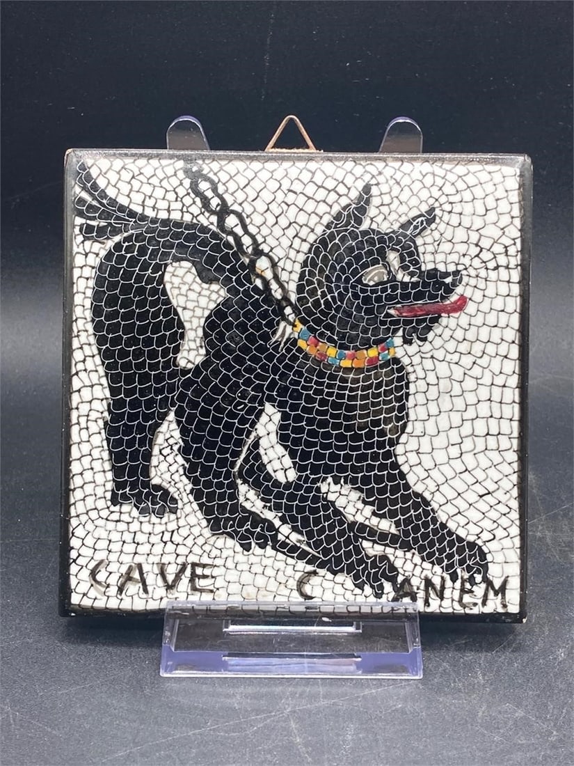 Botticino Pompeii Italy Cave Canem Tile: Botticino Italy "Cave Canem" 4x4" tile. Features modern reproduction of "Beware of dog" fresco art from Pompeii, Italy. Mounting hook on back for wall display. Item is in good condition.Measurements: