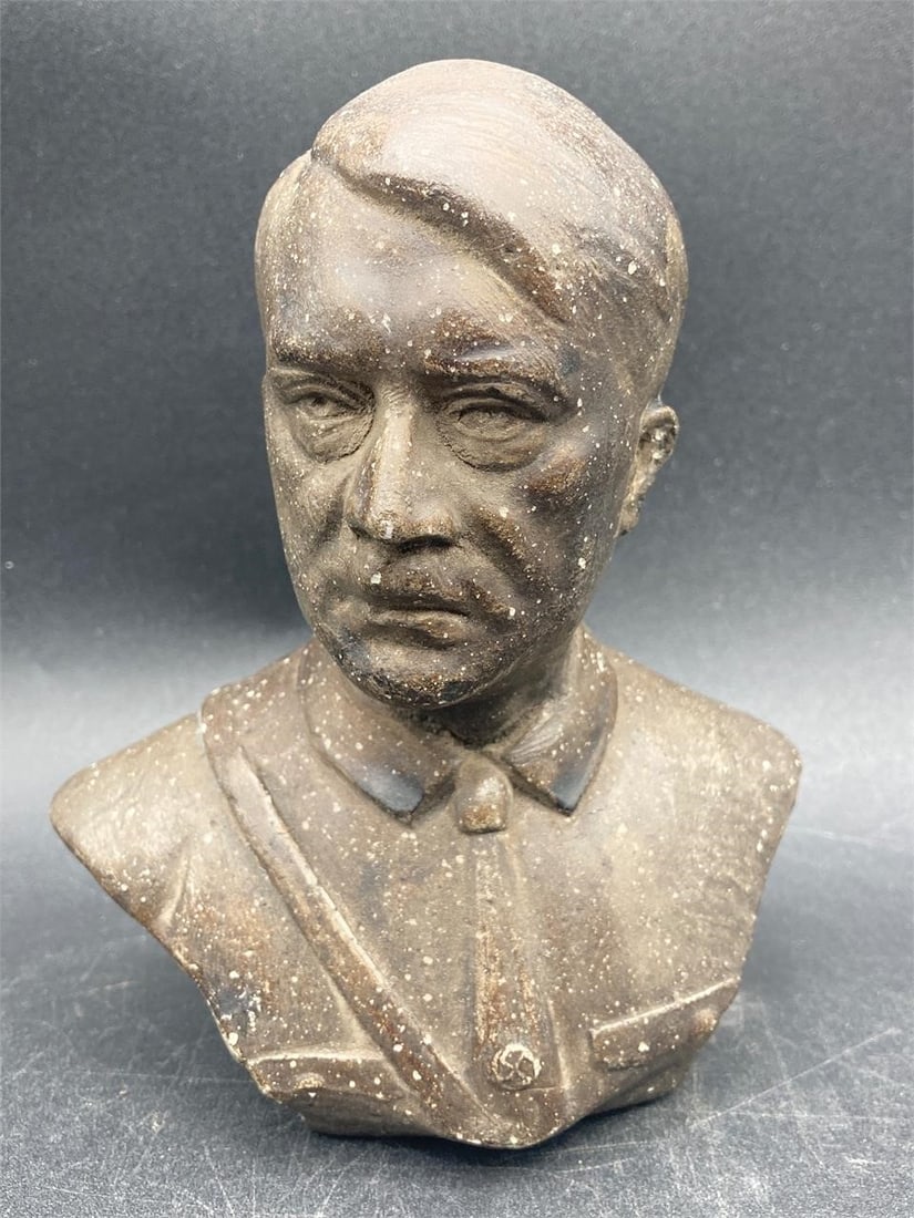 Bronze Adolf Hitler Bust: Bronze Adolf Hitler bust. Solid bronze construction made with great detail. Maker stamp on bottom noted in photos. Measures 5" tall. Some tarnish as noted in photos, item is in good physical condition