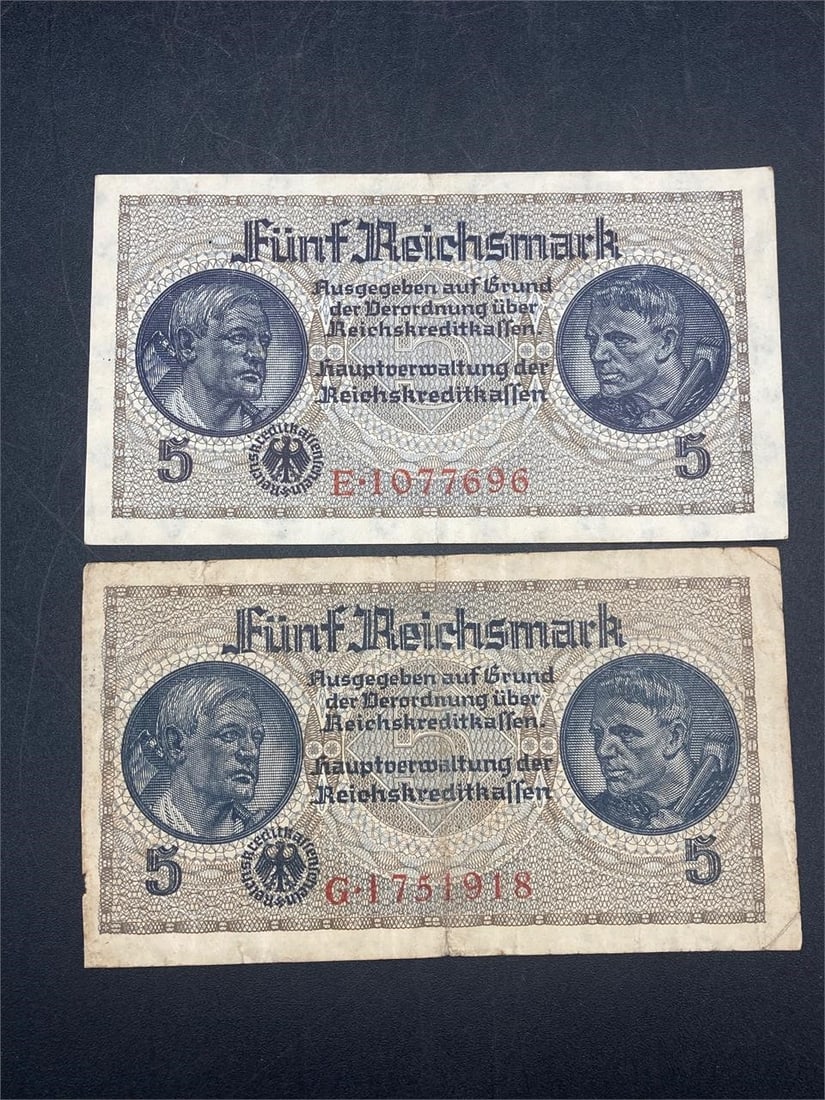 1940 Germany 5 Reichsmark Notes: Pair of 1940 German 5 reichsmark bank notes. Ungraded, one note is in very good condition, the other has visible wear and some discoloring.Measurements: 3" W, 5" L, 1" H, 1 pound