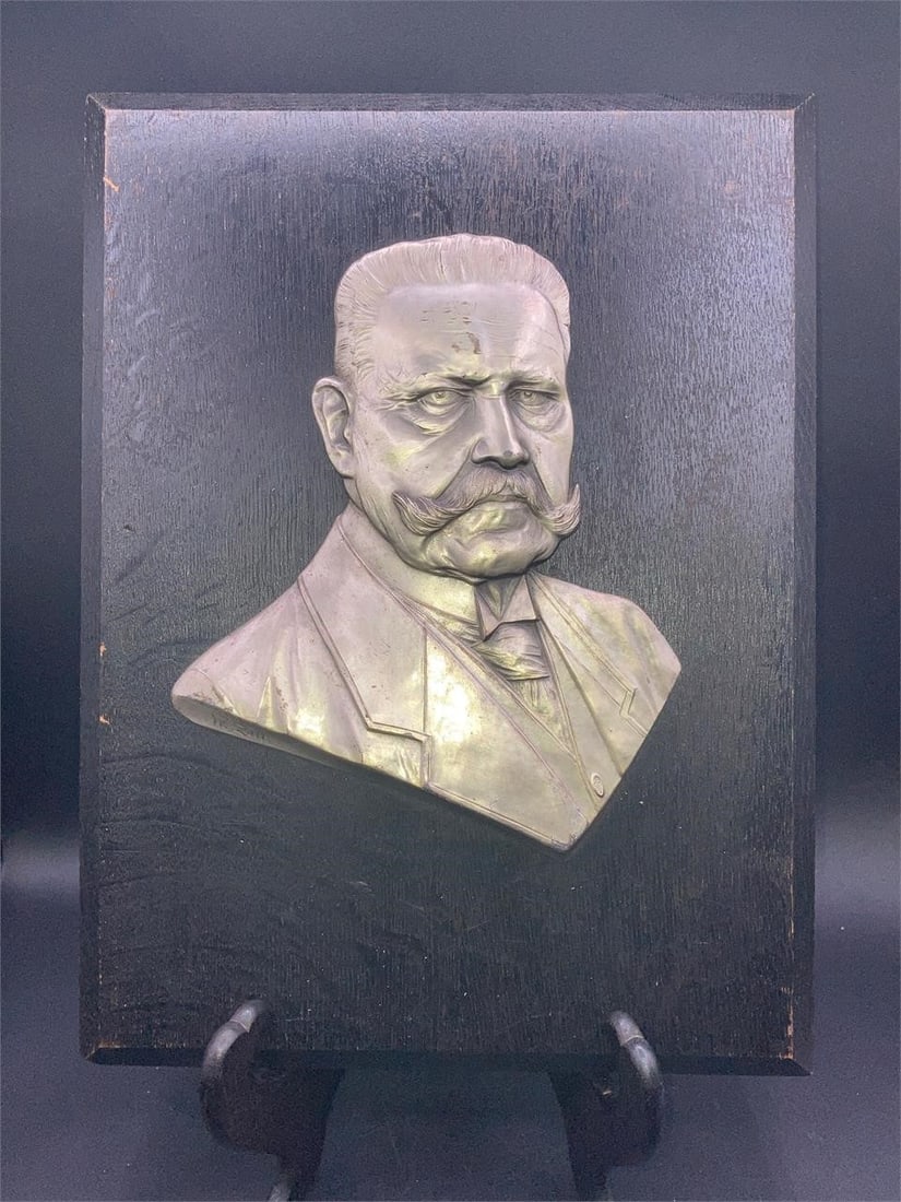 Paul Von Hindenburg Plaque: General Paul Von Hindenburg plaque. Silvered bronze bust relief of the famous field marshal from Imperial Germany. Bust measures 7x9", plaque total size 10.5" by 14". Some scratches to bust and wood, 