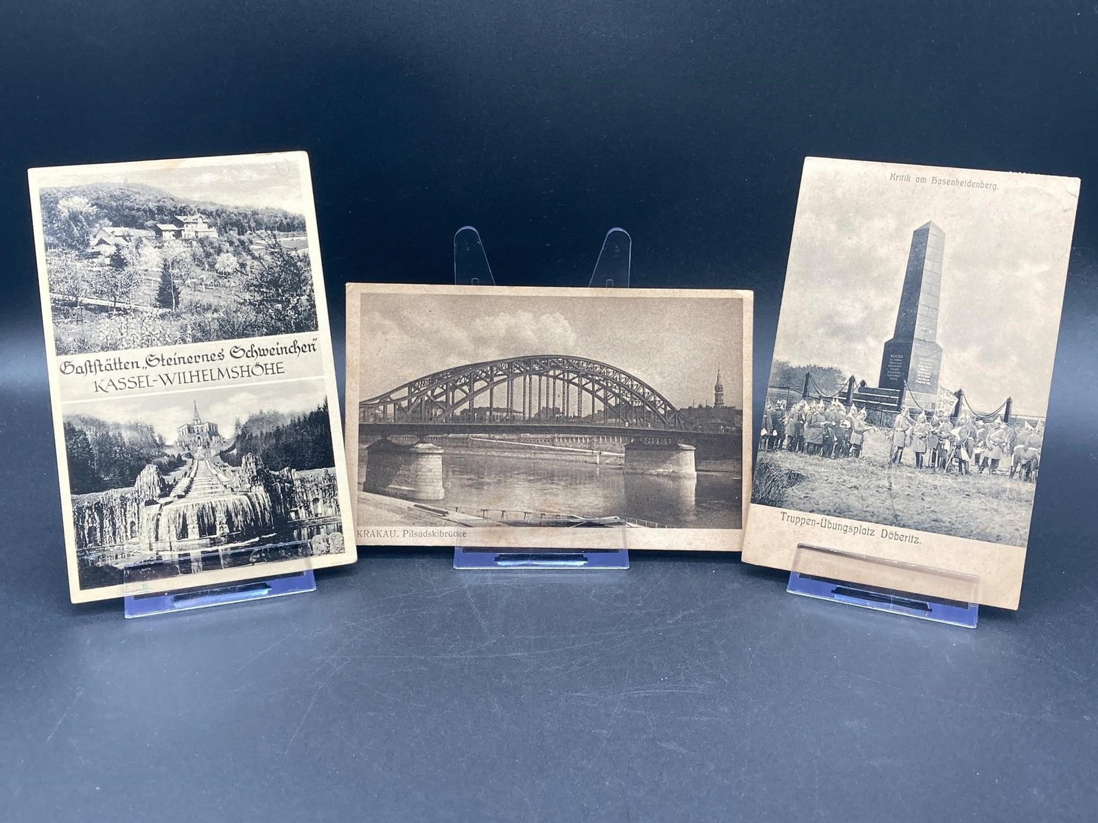 Antique German Postcards: Set of three antique German postcards from 1908 to 1943 featuring photos and landmarks from Imperial Germany and third reich Germany. Backs of cards have stamps and written notes. Cards measure 4x6" i