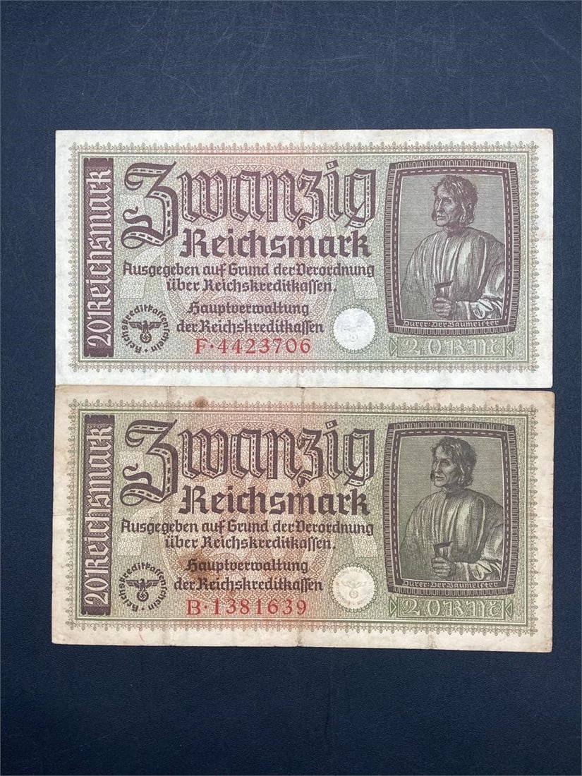 1940s German 20 Reichsmark Banknotes: Pair of 1940s German 20 Reichsmark bank notes. World War Two era German currently produced for occupied nations. Ungraded, one note is in very good condition, the other has some wear and creases.Measu