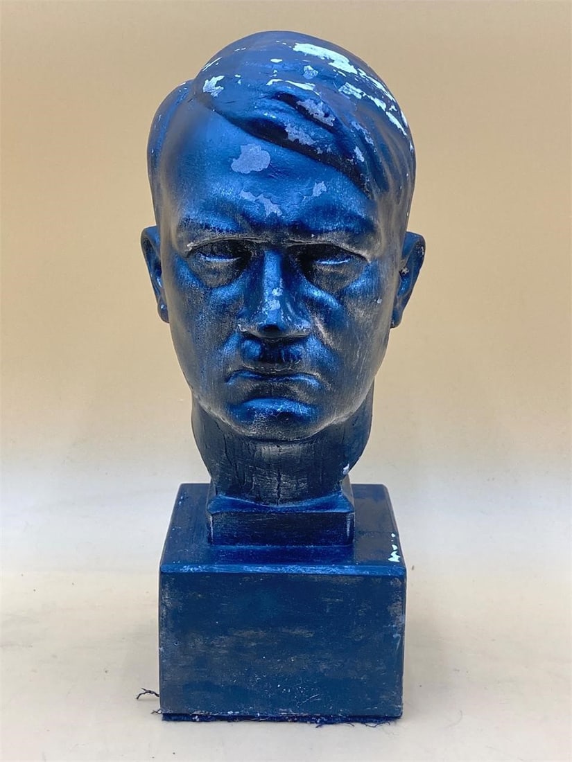 8" Iron Adolf Hitler Bust: Iron Adolf Hitler bust. Highly detailed model of Hitler's head on solid base. Black color paint. Bust measures 8" tall. Some areas of chipped paint, overall bust is in very good condition.Measurements