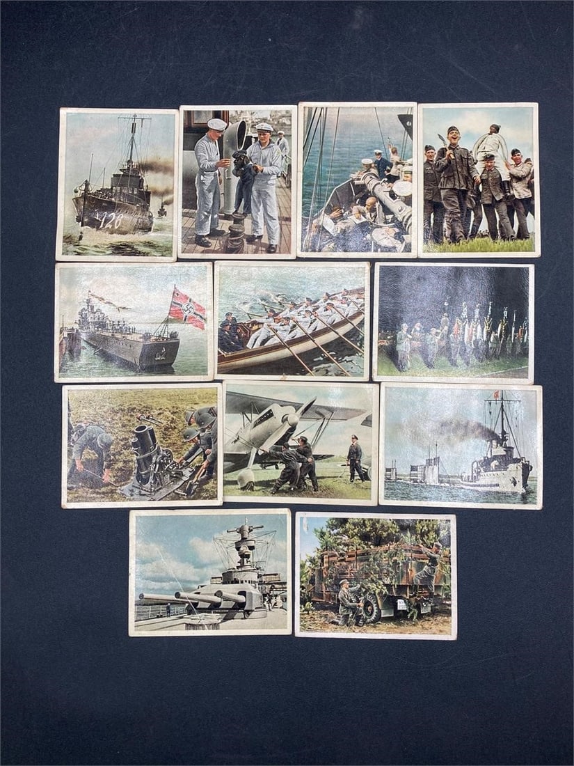 WWII Era German Wehrmacht Cigarette Photo Cards: Set of twelve World War II German cigarette photo cards. Originally distributed in cigarette packs as propaganda. Color photo prints of German military preparing for war. Cards measure 2x2.5". Cards a