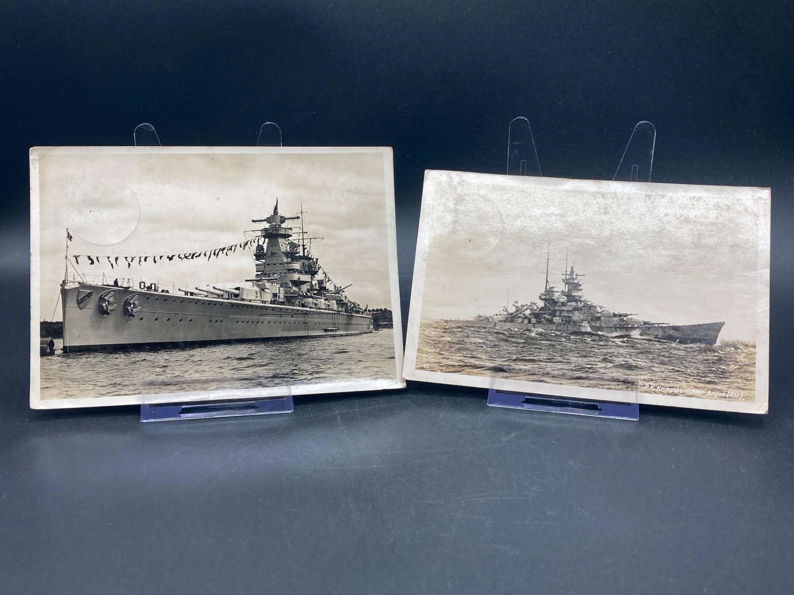 WWII German Kriegsmarine Postcards: Set of two vintage World War II era German postcards. Features black & white images of German naval ships on front. Stamps and written notes on back. Some light wear, overall postcards are in good con