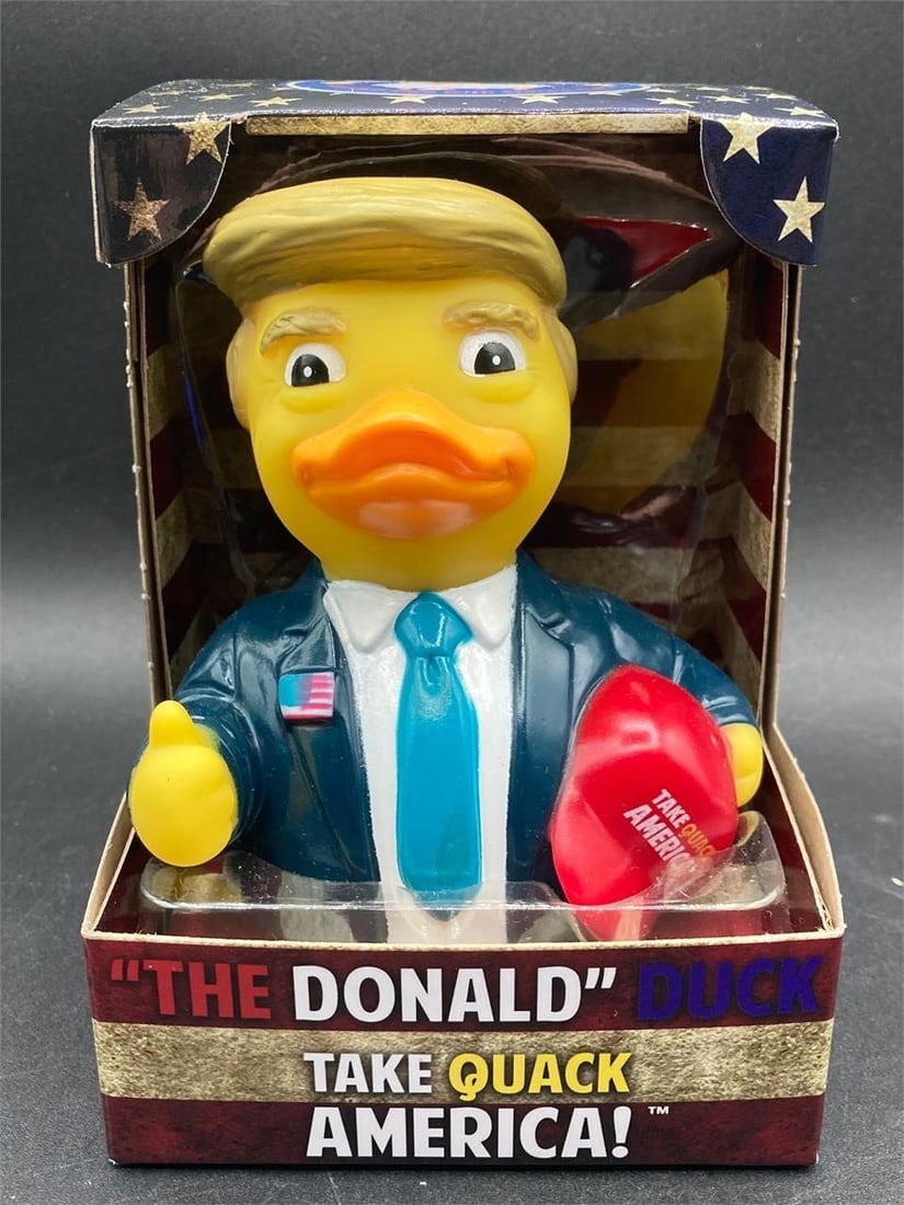 CelebriDucks Donald Trump Rubber Duck: CelebriDucks Donald Trump rubber duck in box. Made in the likeness of President Trump with "Take quack America!" hat. Measures 5" tall. Brand new in box.Measurements: 4" W, 5" L, 6" H, 1 pound