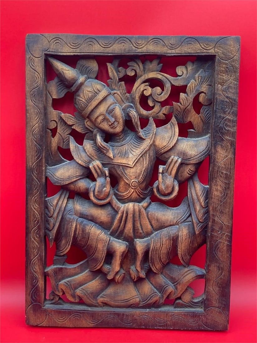 12x18" Thailand Buddhist Forest Spirit Carving: Vintage hand carved 12x18" Thai Buddhist forest spirit wall art. Carved from natural teak wood, features traditional Buddhist wood elf spirit customary used as a welcome to visitors. Item is in excell