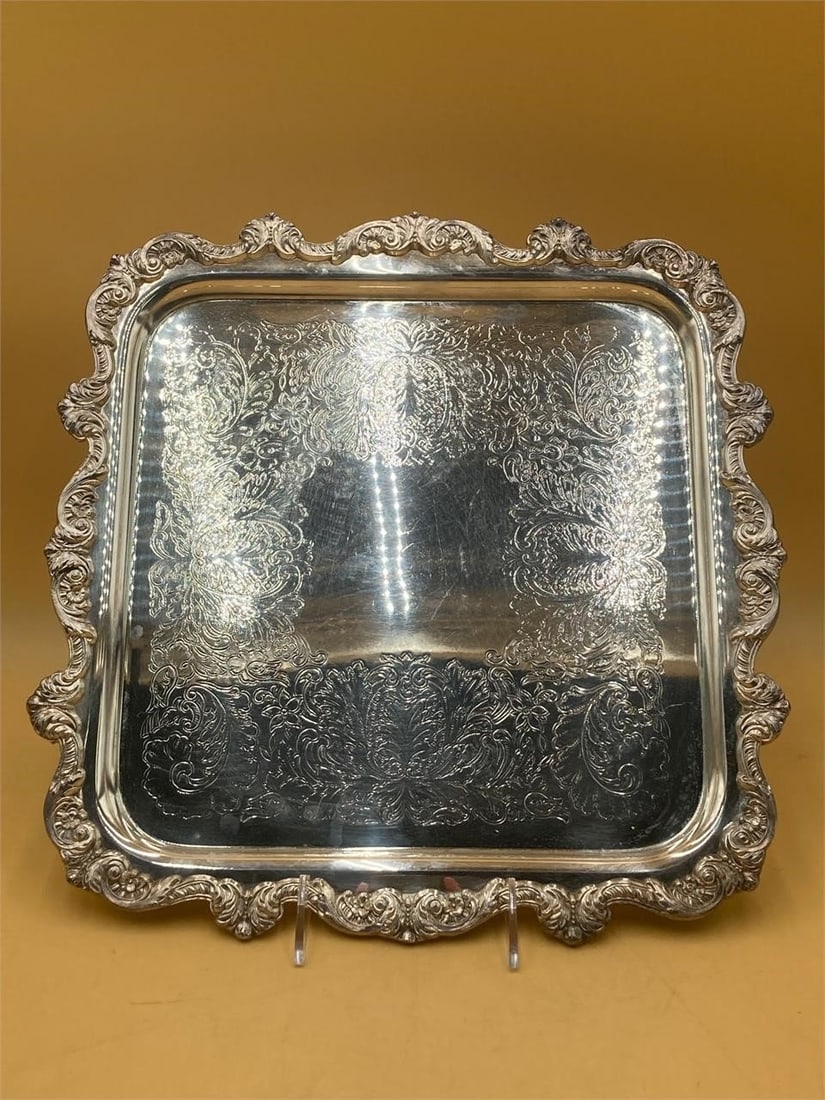 Poole EPCA 14" silver plated square serving tray. Features ornate and floral designed rim and etched (1 of 6)
