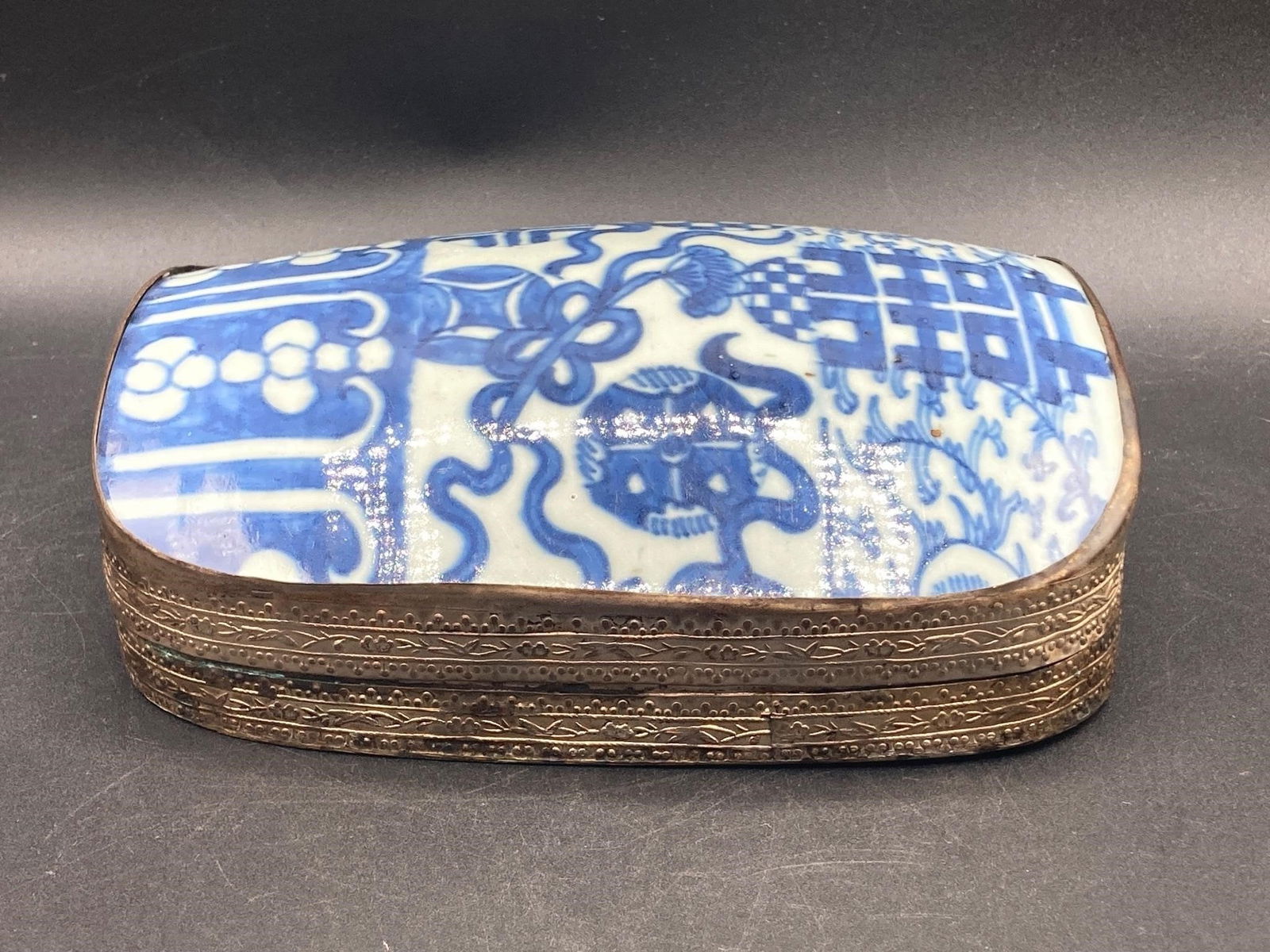 Vintage Chinese porcelain and pewter white base blue scroll happiness box. Lid features hand painted (1 of 7)