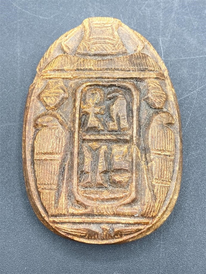 Vintage hand made pharaonic scarab stone. Hand carved with traditional Egyptian motifs on front and (1 of 6)