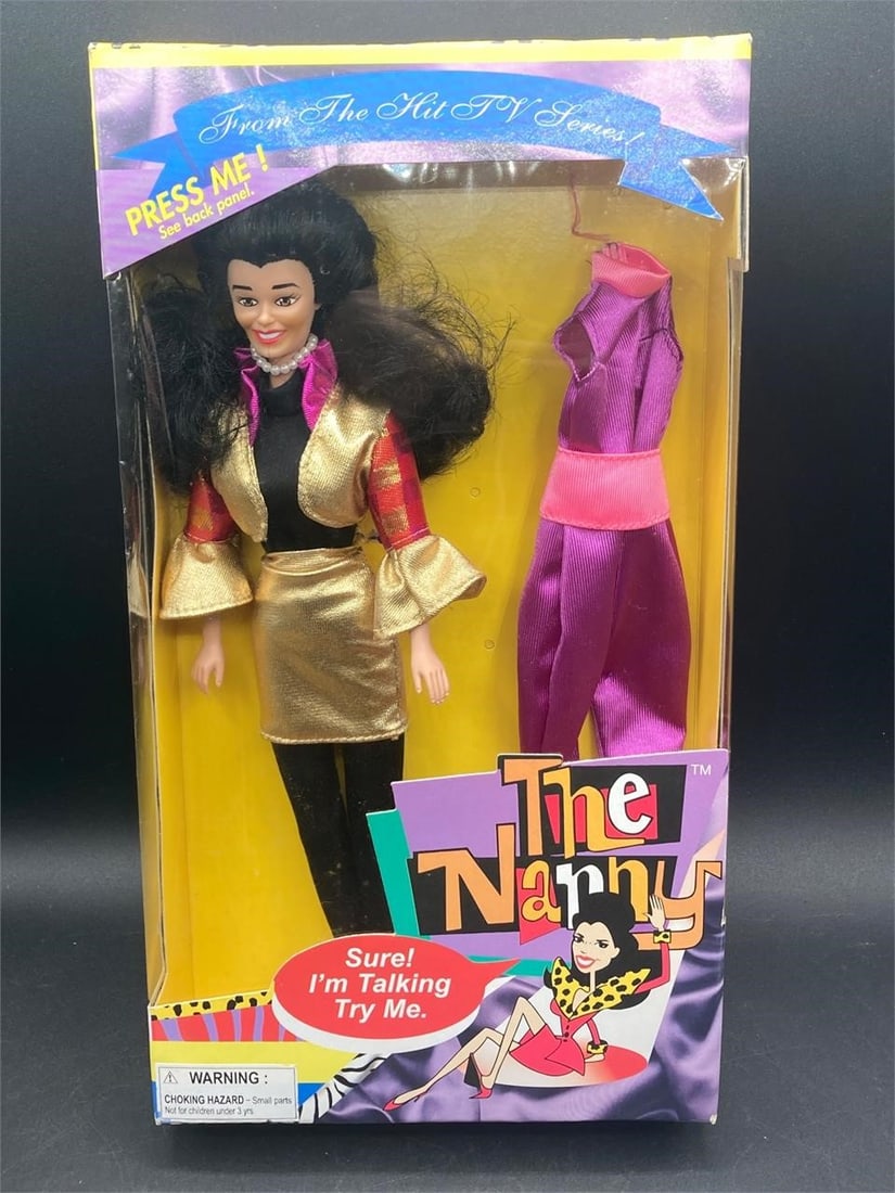 1995 Street Players The Nanny Doll NIB: Vintage 1995 Street Players Fran Drescher "The Nanny" doll, new in box. Gold outfit with purple spare outfit edition. Doll measures 11.5" tall. Talking function tested not working, likely needs new ba