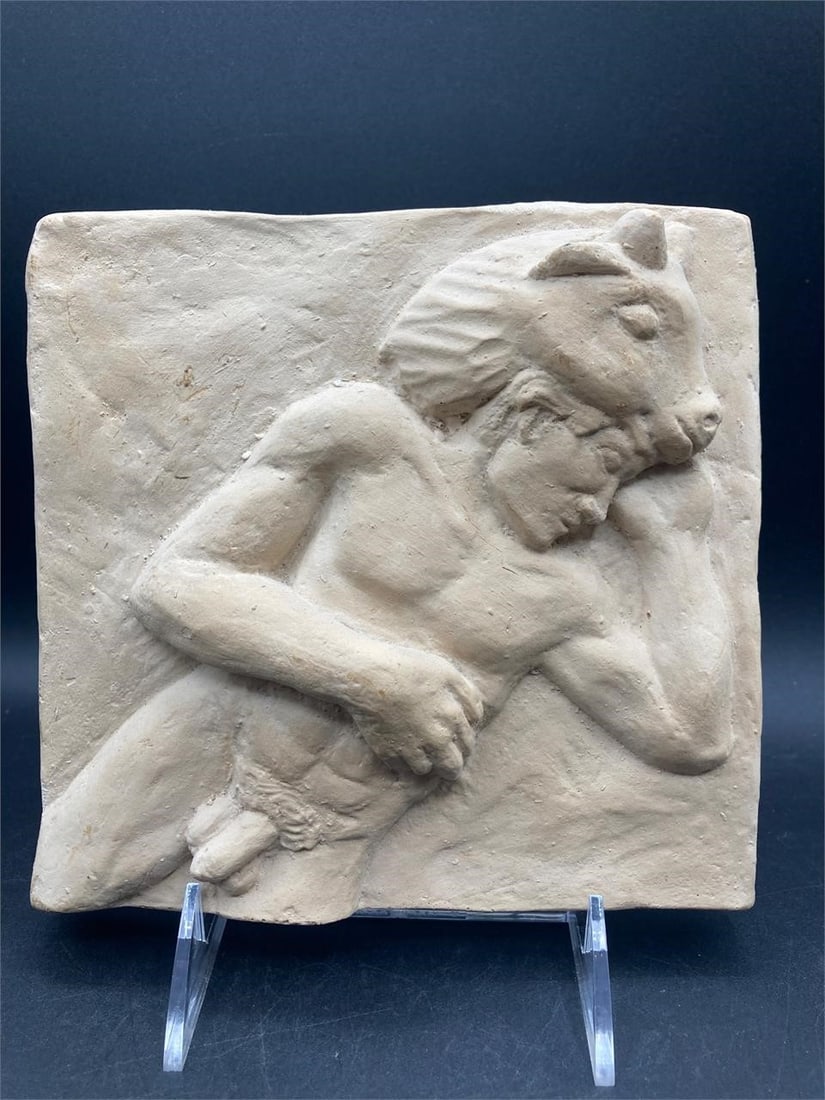 Roman Style Nude Terracotta Plaque: Vintage Roman style nude terracotta plaque. Hand made clay with nude male relief done in ancient Roman art style. Measures 7" square. Item is in good condition.Measurements: 7" W, 7" L, 2" H, 1 pound