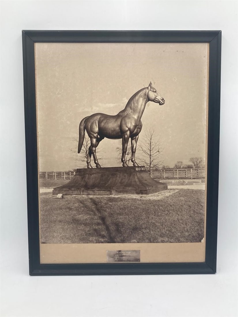 Framed 16x20" Man O' War Horse Statue Photo: Framed 16x20" Man o' War racing horse statue photo. Vintage sepia tone photograph taken and distributed by the Kentucky Department of Highways of the burial site of the famous race horse. Some light s