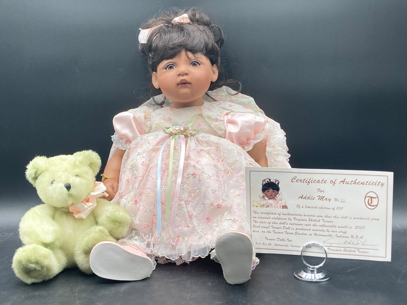 Turner Dolls Addie May Doll Limited Edition: This listing is for a Turner Dolls Addie May doll, a limited-edition collector's item handcrafted by Virginia Ehrlich Turner. This doll is of a limited production run of 100 pieces and was manufacture
