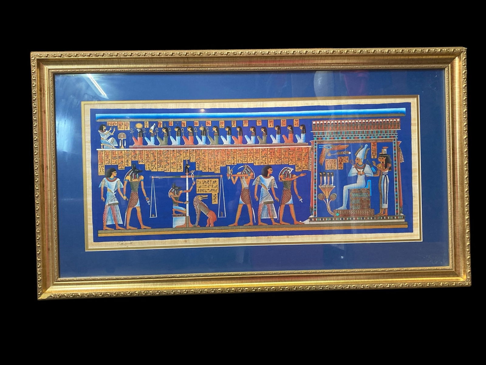 Framed 14×32" Egyptian ‘Hall of Judgement' Papyrus Painting (1 of 10)