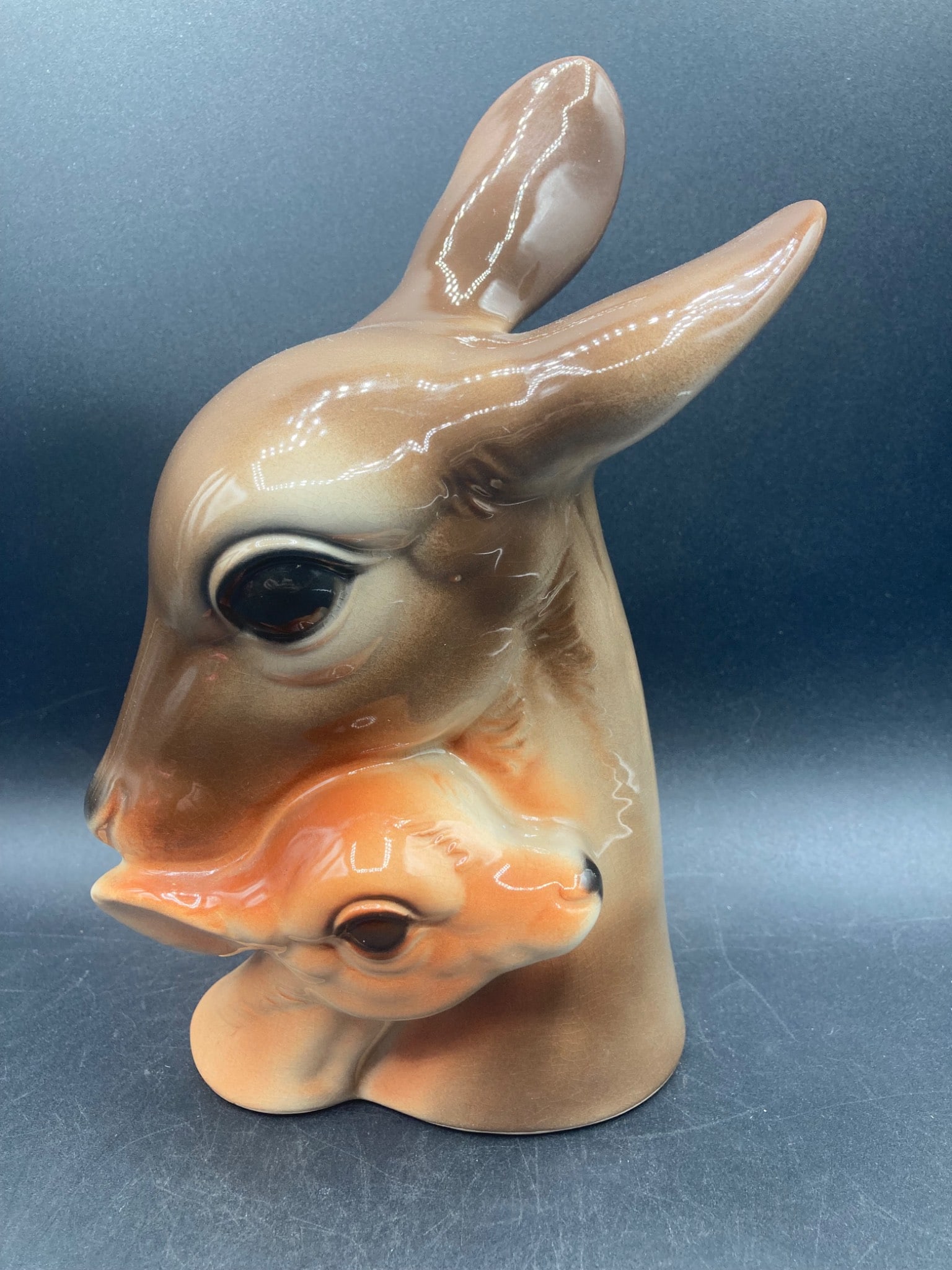 Royal Copley MCM Porcelain Deer & Fawn Figurine: This is a vintage Royal Copley porcelain figurine depicting a deer and fawn. Likely produced between the late 1940s and early 1950s, based on the recognizable Royal Copley style and finish. The piece 