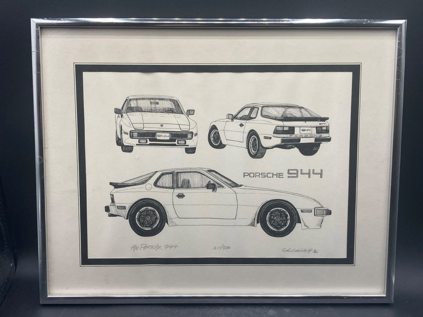 Signed Limited Edition 11"x14 G.E. Geivett Porsche 944 Print: This is a limited edition G.E. Geivett print of the Porsche 944, measuring 11x14 inches. The artwork features detailed multi-angle sketches of the Porsche 944. It is number 311 of 500 from the edition