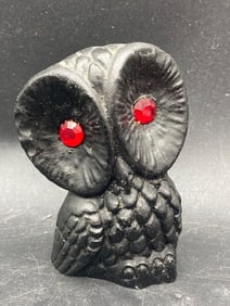Hand Made Coal Owl Figurine with Red Gem Eyes