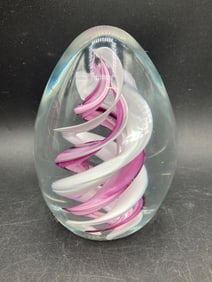 Murano Glass Paperweight with Pink and White Swirl Design
