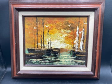 Nautical Sailboat Oil Painting With Wooden Frame
