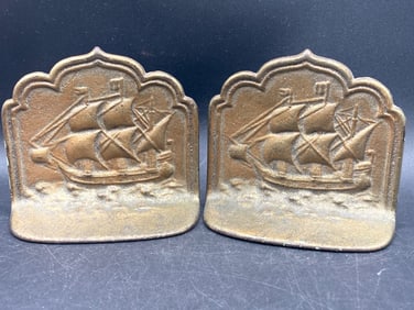 Antique Brass Nautical Clipper Ship Bookends, Matched Pair