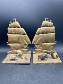 Brass Dolphin and Sailing Ship Bookends