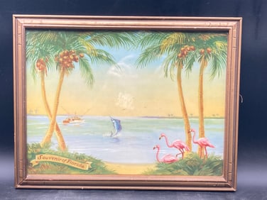Vintage Florida Souvenir Tropical Lithograph Print, Framed