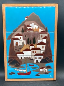 E. Adreades Greek Coastal Scene Tile Art with Wooden Frame