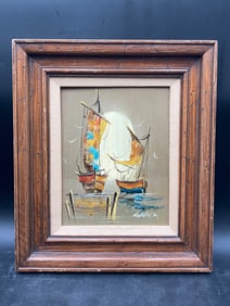 Artist-Signed Nautical Sail Boats Oil Painting