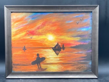 Artist-Signed Beach Sunset Oil Painting