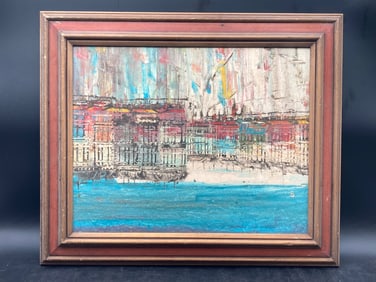 Impressionist European Harbor Oil Painting, Framed