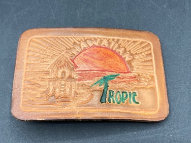 Hawaiian Tropic Leather Belt Buckle Featuring Sunset Design