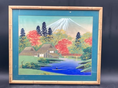Japanese Mount Fuji Silk Painting with Bamboo-Style Frame