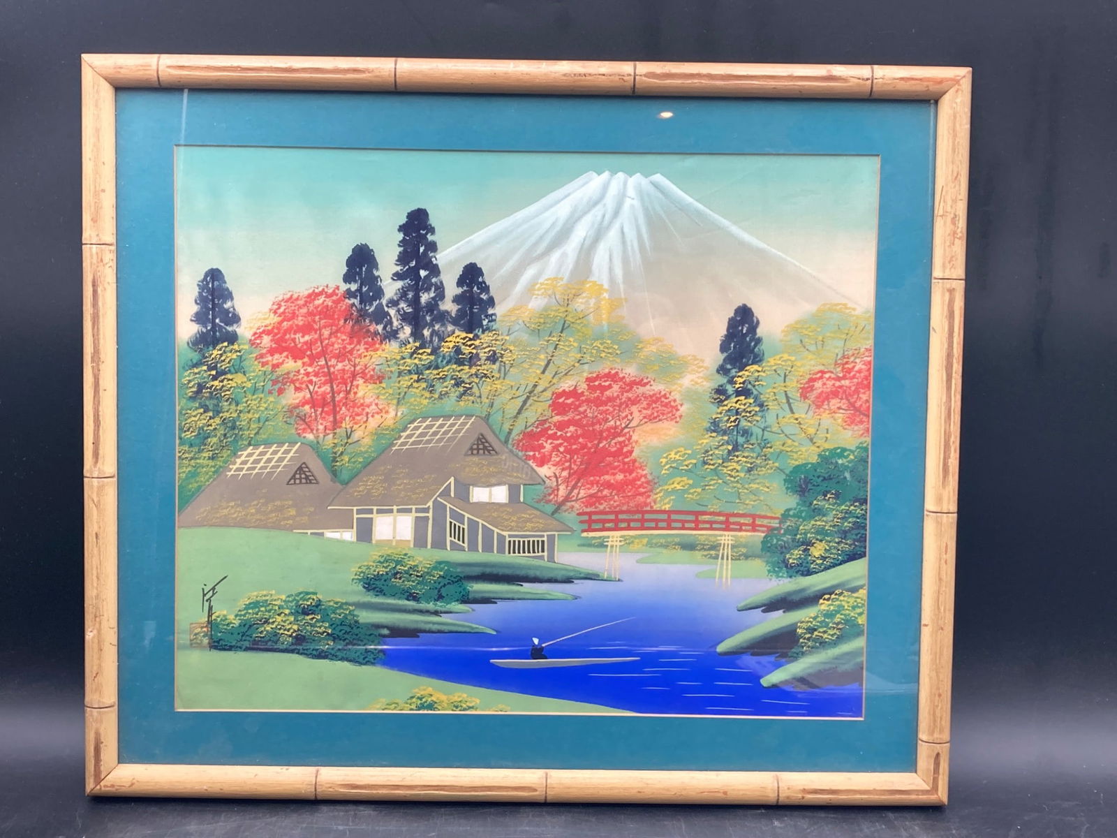 Japanese Mount Fuji Silk Painting with Bamboo-Style Frame (1 of 6)