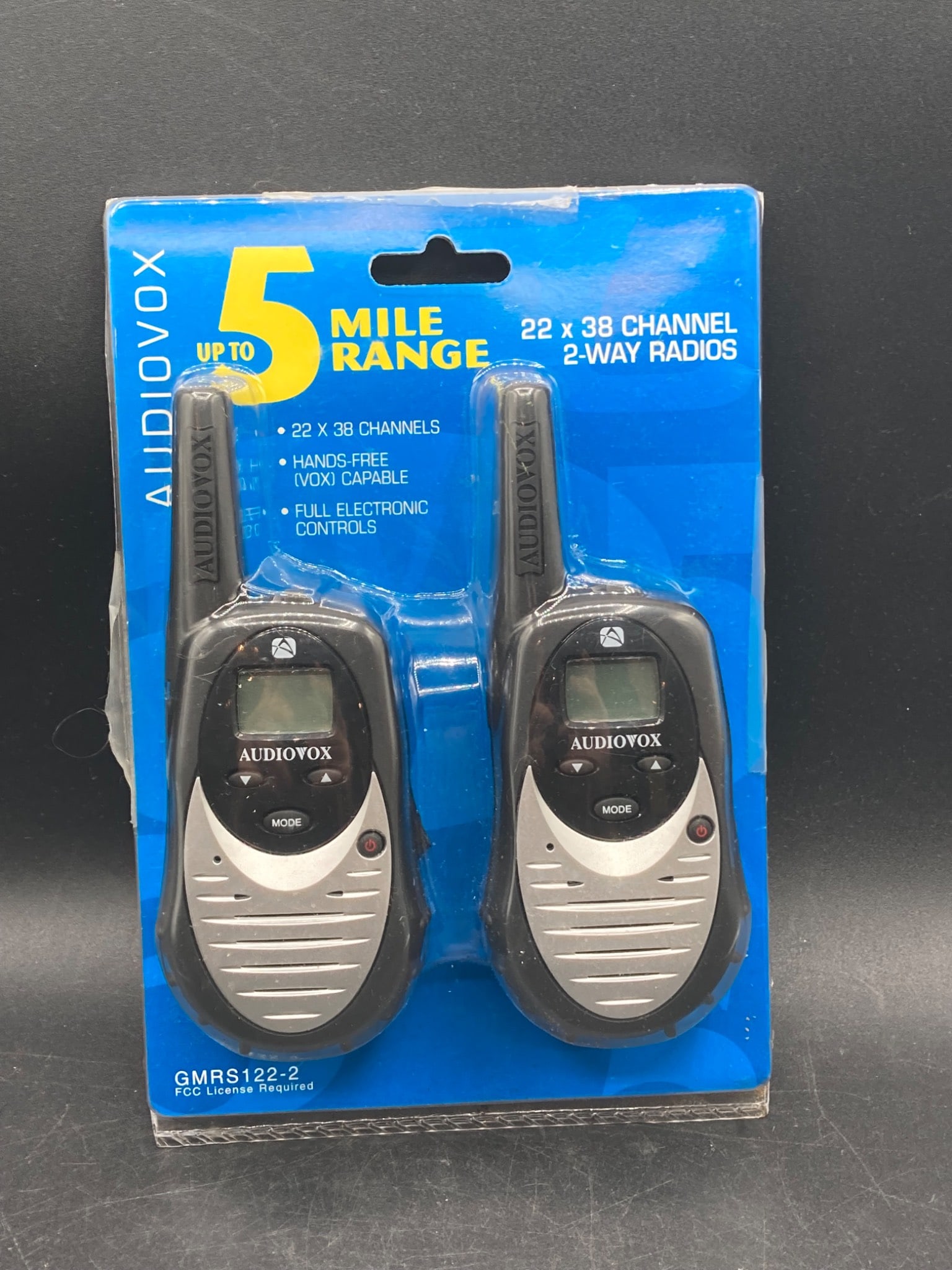 Audiovox GMRS122-2 2-Way GMRS Radios: This listing features a pair of Audiovox GMRS122-2 2-Way GMRS Radios with up to a 5-mile range. The radios support 22 x 38 channels (8 GMRS/14 FRS, with 7 shared FRS and GMRS/7 dedicated FRS-B/8 dedic
