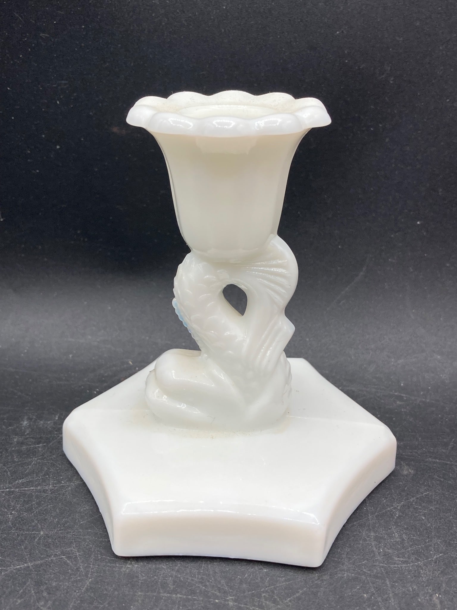 Westmoreland Milk Glass Dolphin Candle Holder, Hexagonal Base (1 of 6)