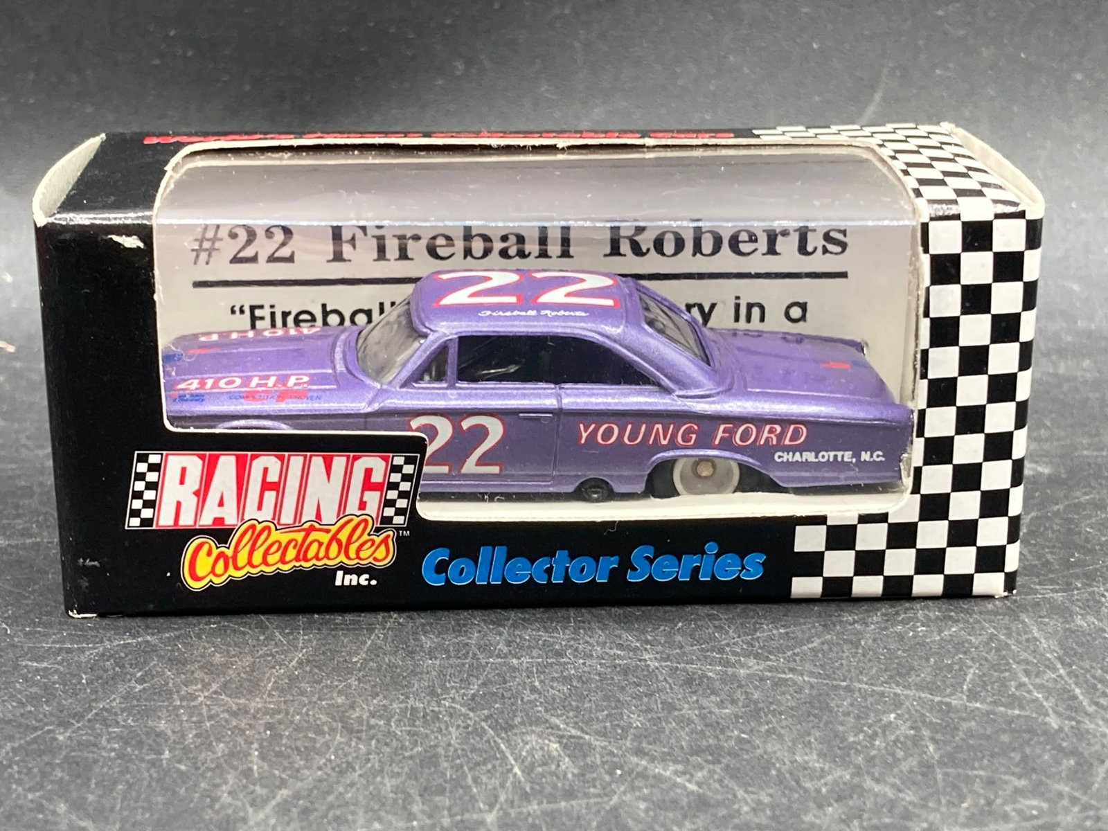 Racing Collectibles 1/64 Fireball Roberts Stock Car Die Cast: This Racing Collectibles Inc. 1/64 scale die-cast model represents Fireball Roberts' #22 stock car, known as 'Fireball's ride to victory in a record-setting Southern 500.' Features include the 'Young 