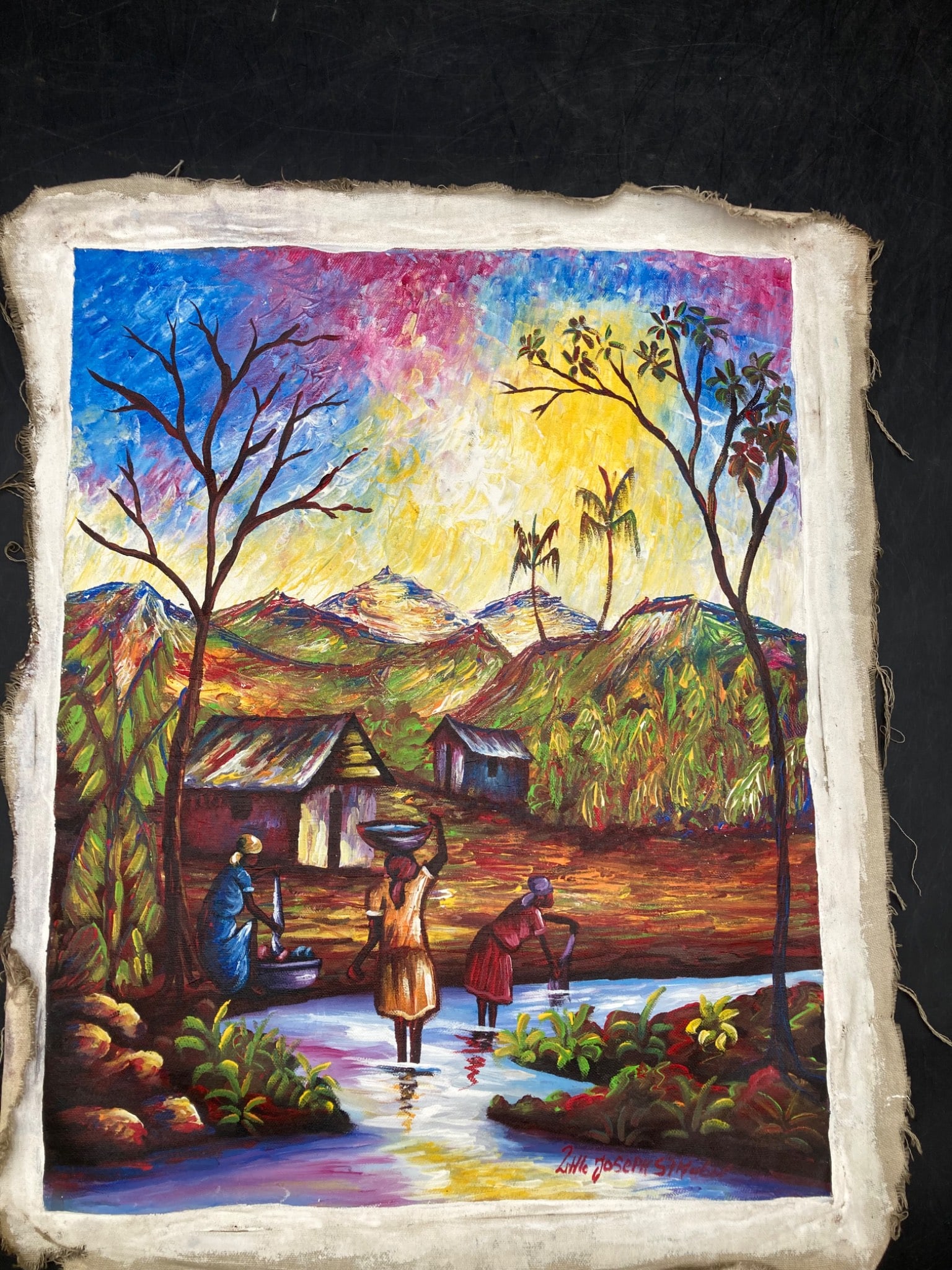 Original Little Joseph St. Hubert Haitian Tropical Oil Painting: This is an original oil painting on canvas created by Haitian artist Little Joseph St. Hubert. The artwork features a vibrant tropical landscape with figures engaging in daily activities near water, s