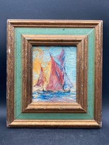 Antique Miniature Sailboats Oil Painting with Gilt Frame, Signed