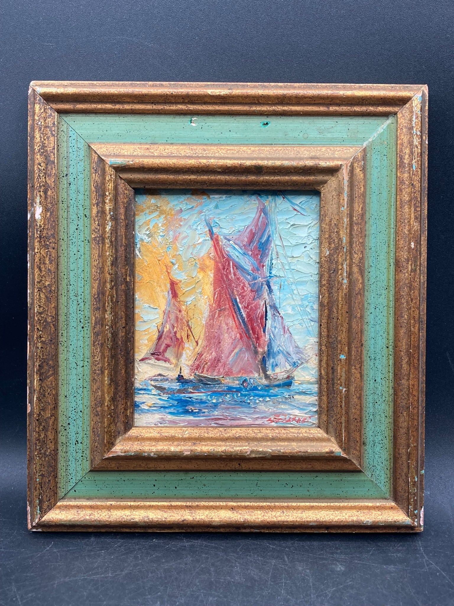Antique Miniature Sailboats Oil Painting with Gilt Frame, Signed (1 of 6)