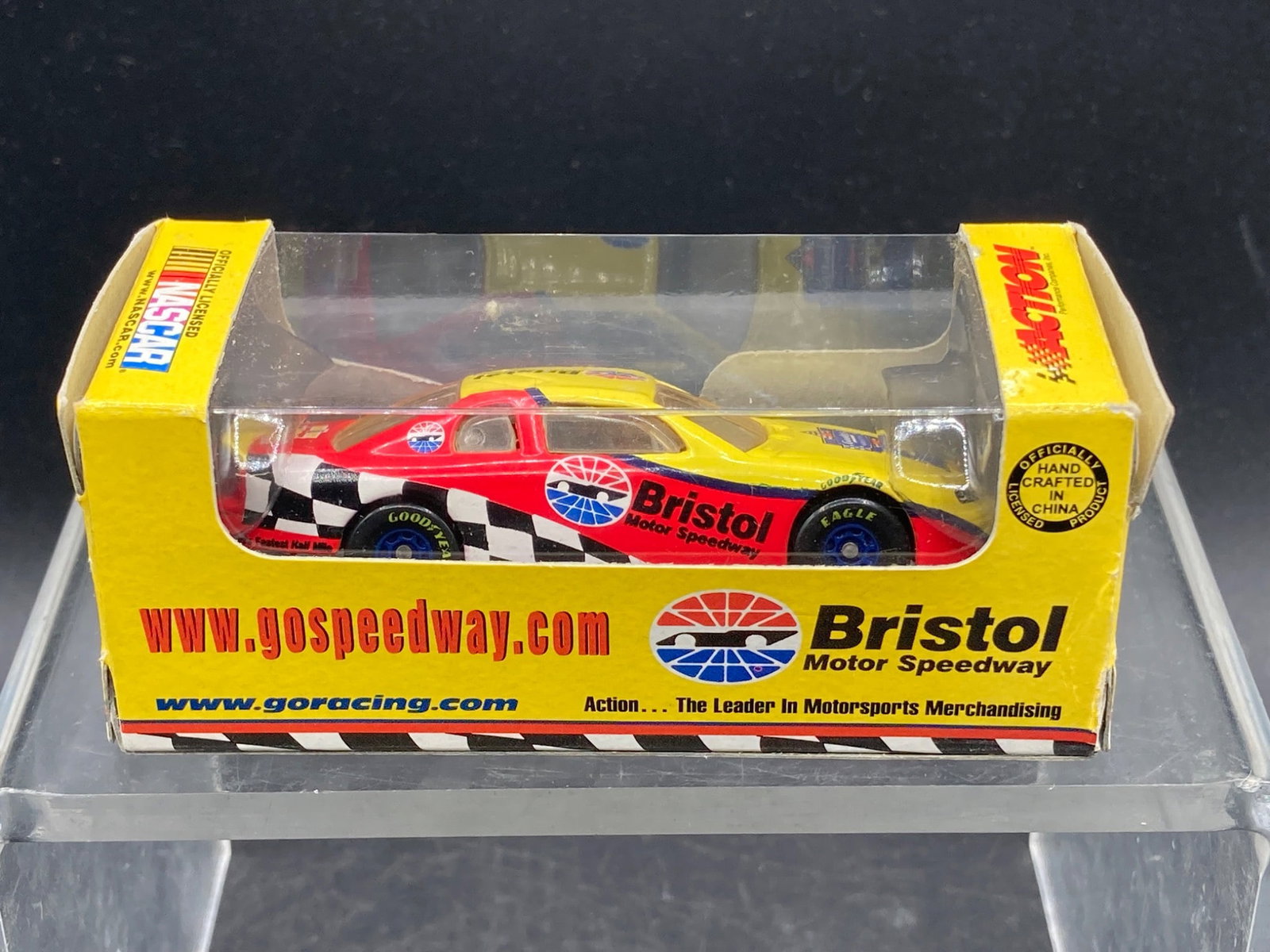 Action Racing 1:64 NASCAR Bristol Motor Speedway Edition Die-Cast Stock Car: This Action Racing 1:64 scale die-cast car is a Bristol Motor Speedway edition, officially licensed by NASCAR. The packaging highlights the 'Bristol Motor Speedway' branding, with colors and logos ref